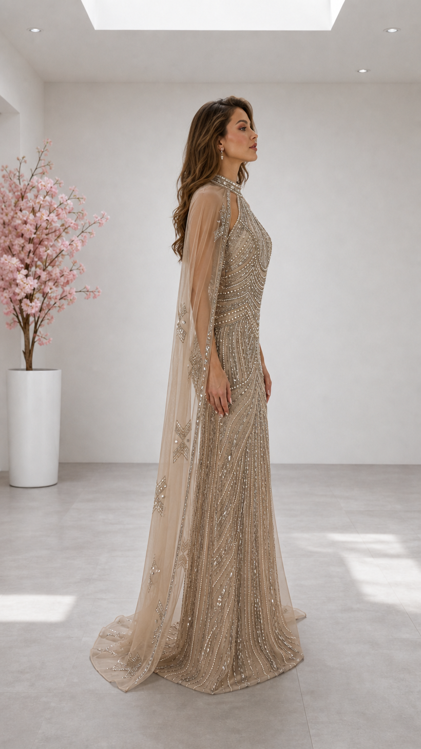 Side profile of woman wearing champagne sequin cape evening gown