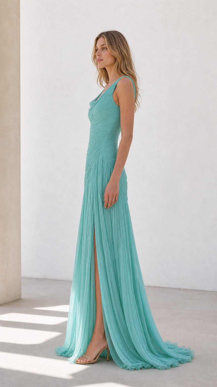 Side profile of aqua blue pleated evening dress showing draped silhouette