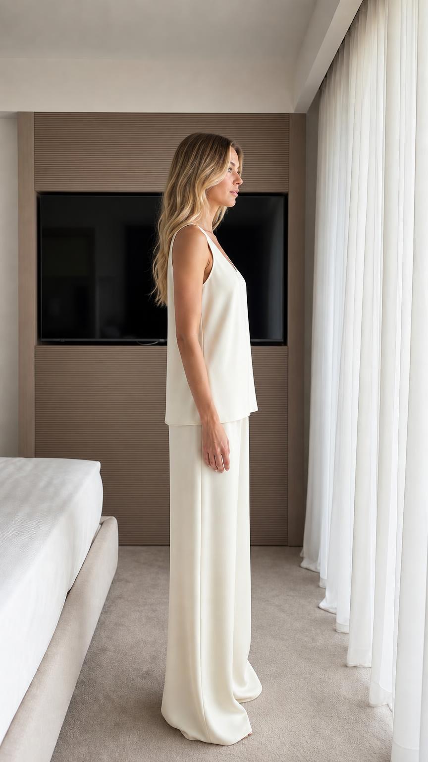Side view of model wearing ivory lounge set
