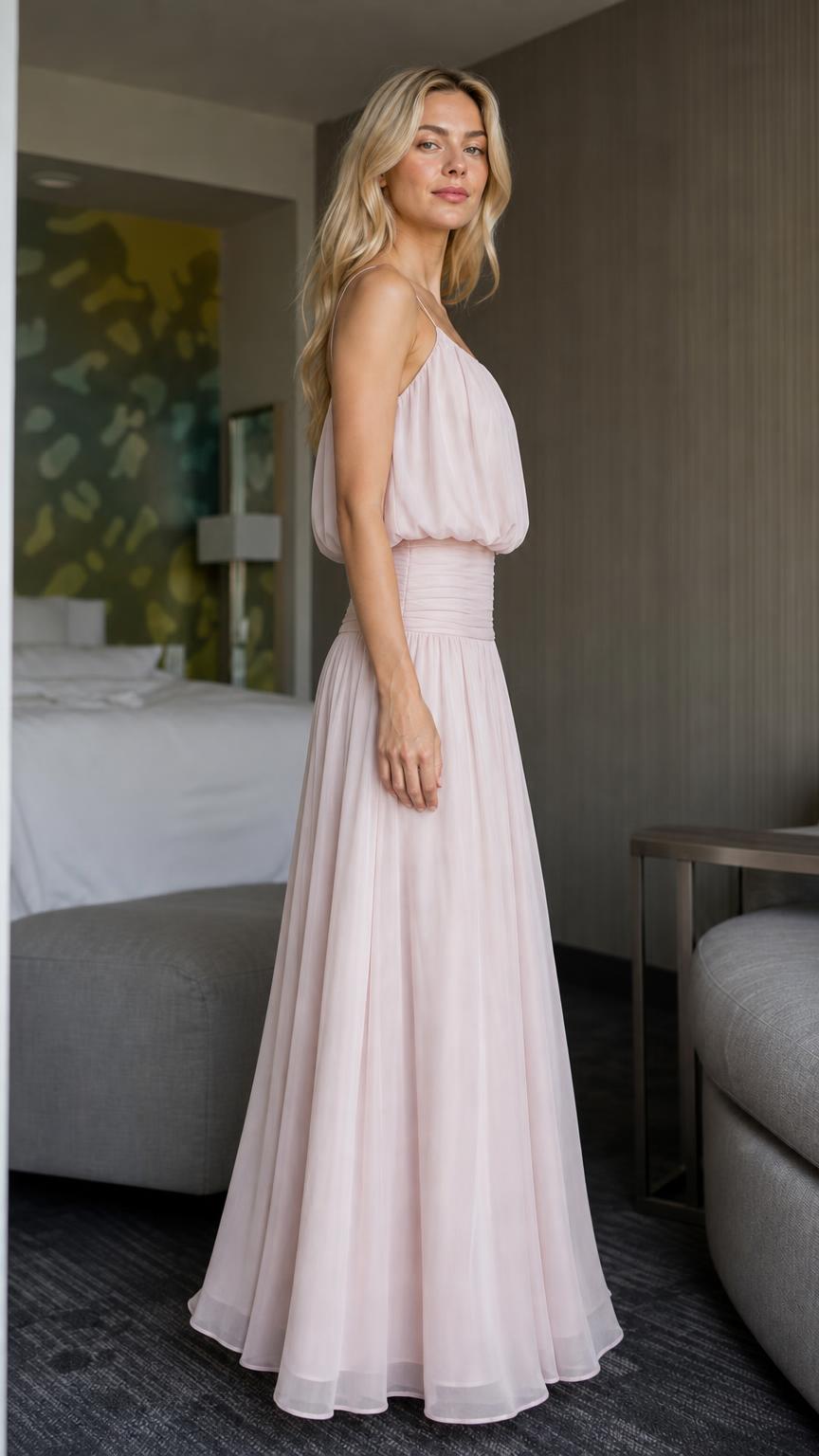 Side view of pink maxi dress showcasing draped bodice
