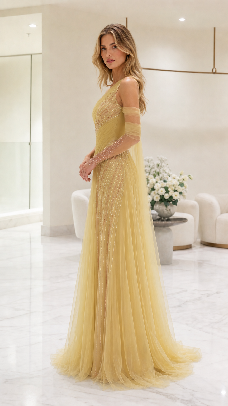 Side profile view of yellow evening gown