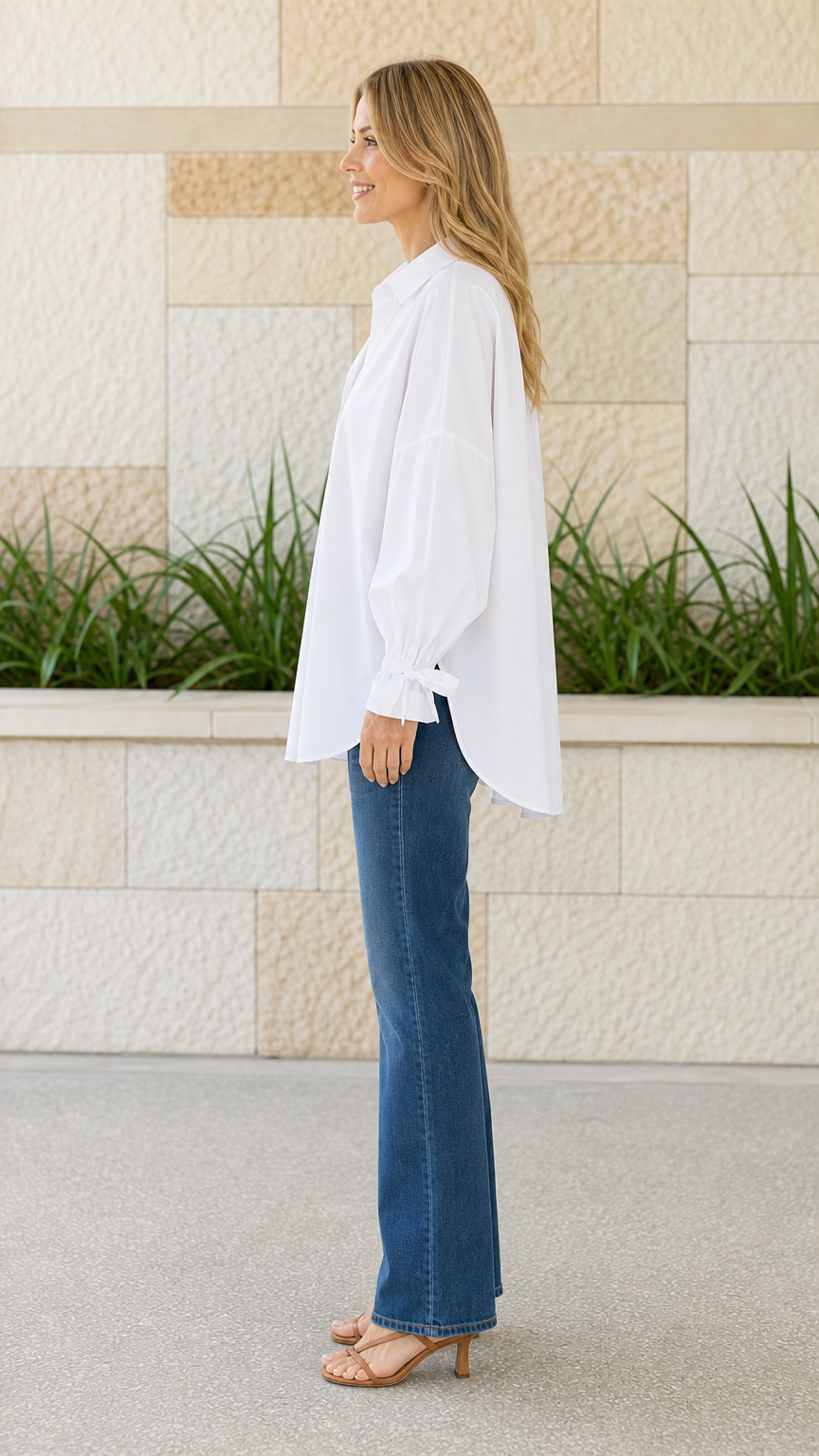 Side profile view of woman wearing white oversized button-down shirt