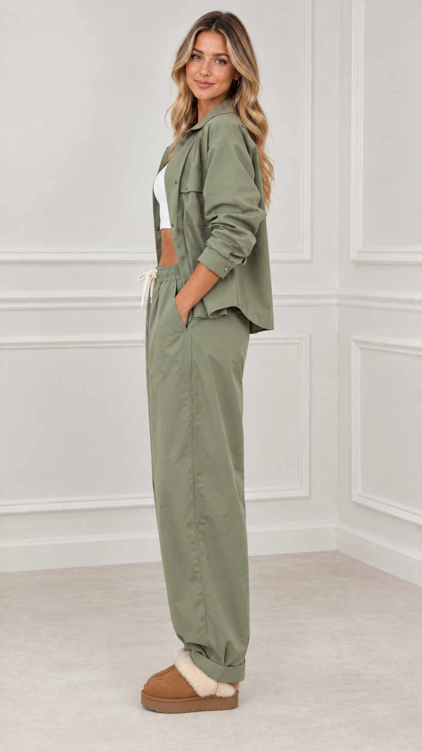Side full view of woman wearing sage green utility pant set with white inner top