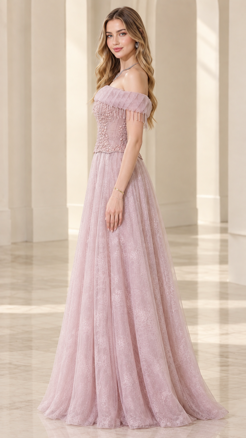 Dusty rose A-line beaded formal gown side angle view