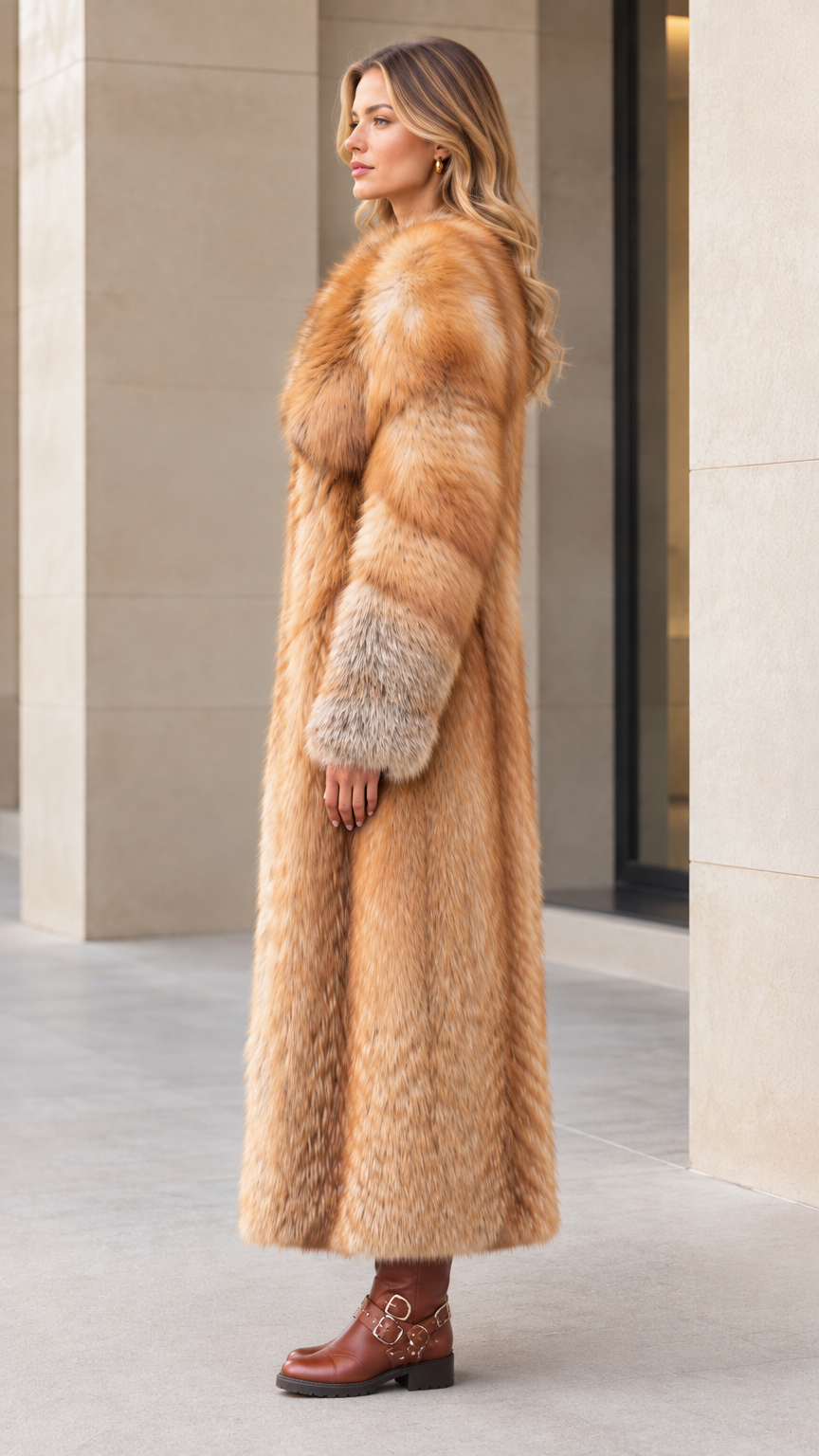 Side profile of woman in long honey brown faux fur overcoat