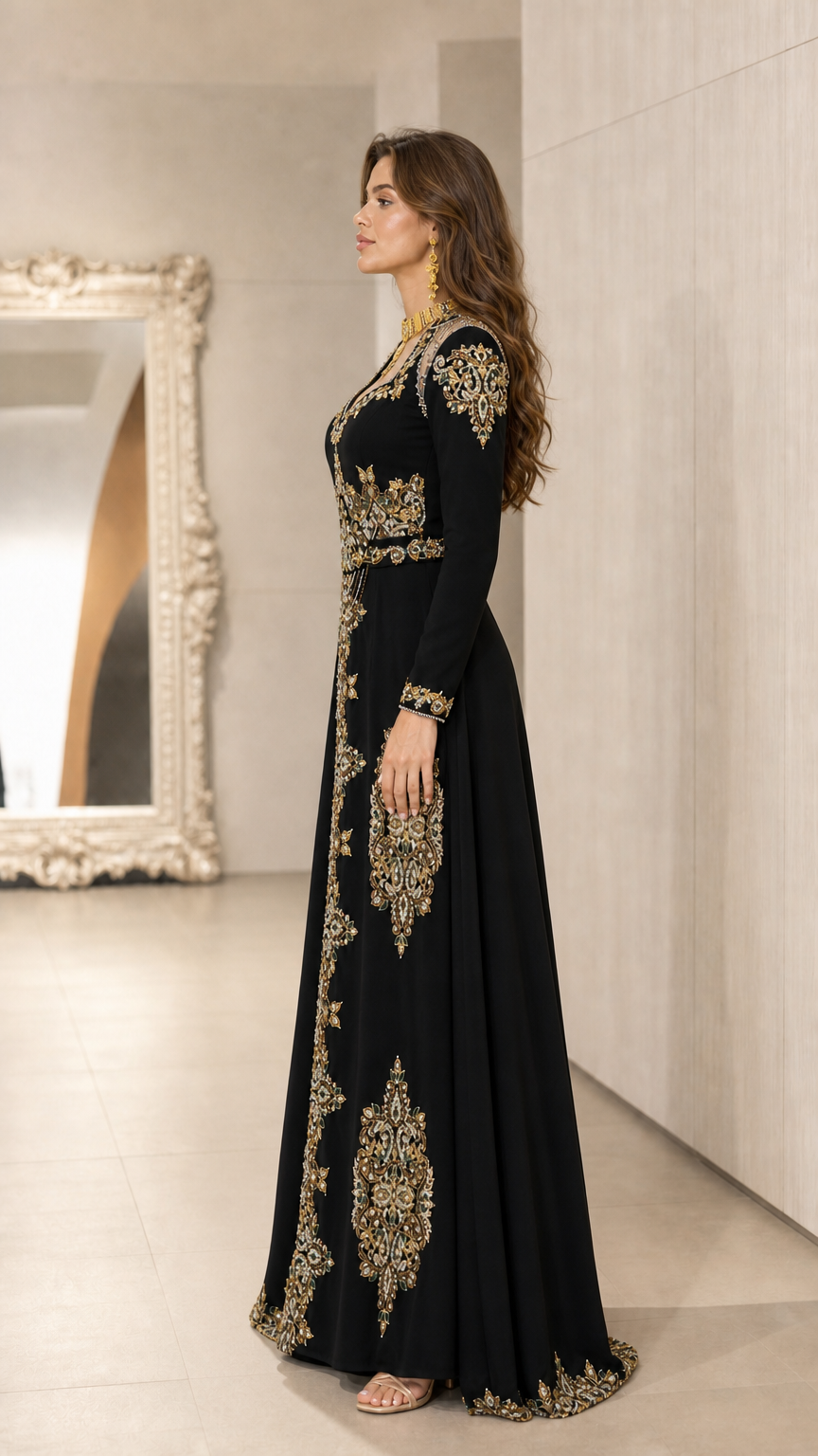 Side profile view of black embroidered floor-length formal gown