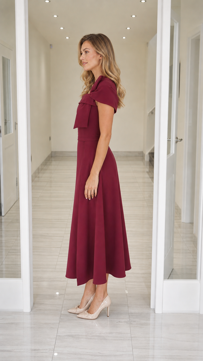 Side profile view of burgundy midi dress