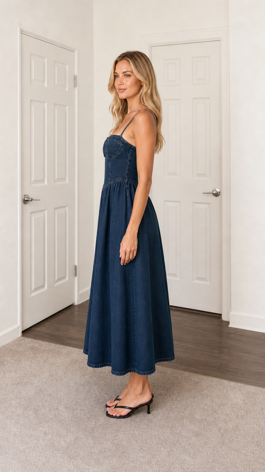 Side profile view of blue denim midi dress