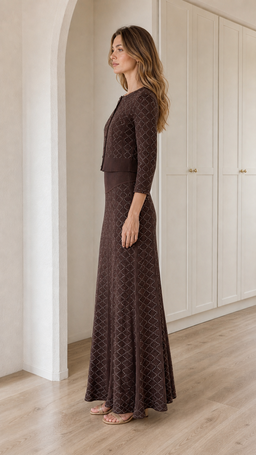 Side profile view of Chocolate Brown two-piece knit cardigan and long skirt set