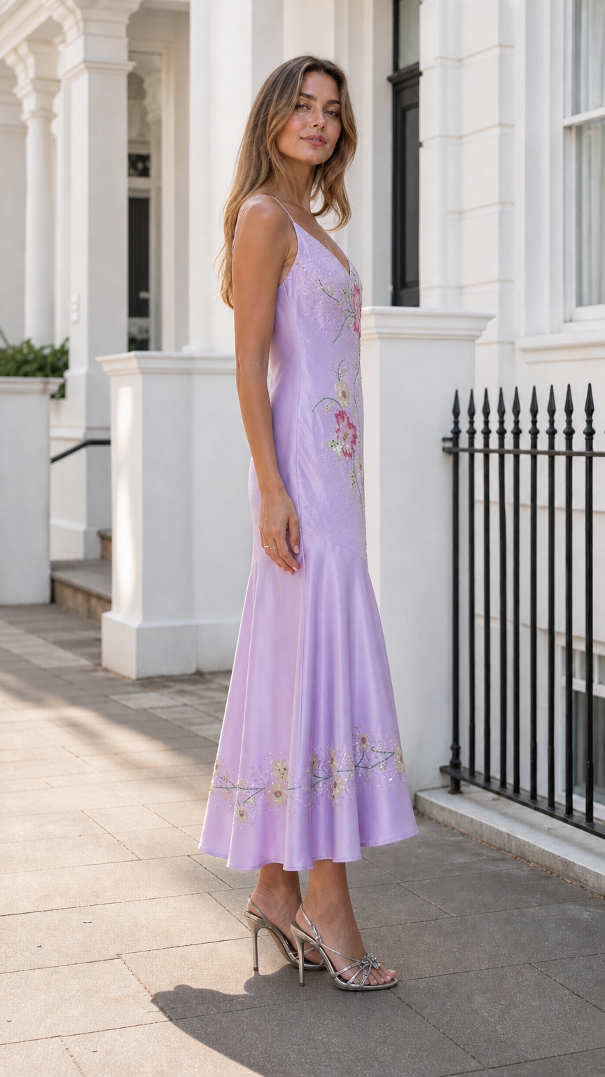 Side profile of woman in lilac satin slip dress with flounce hem
