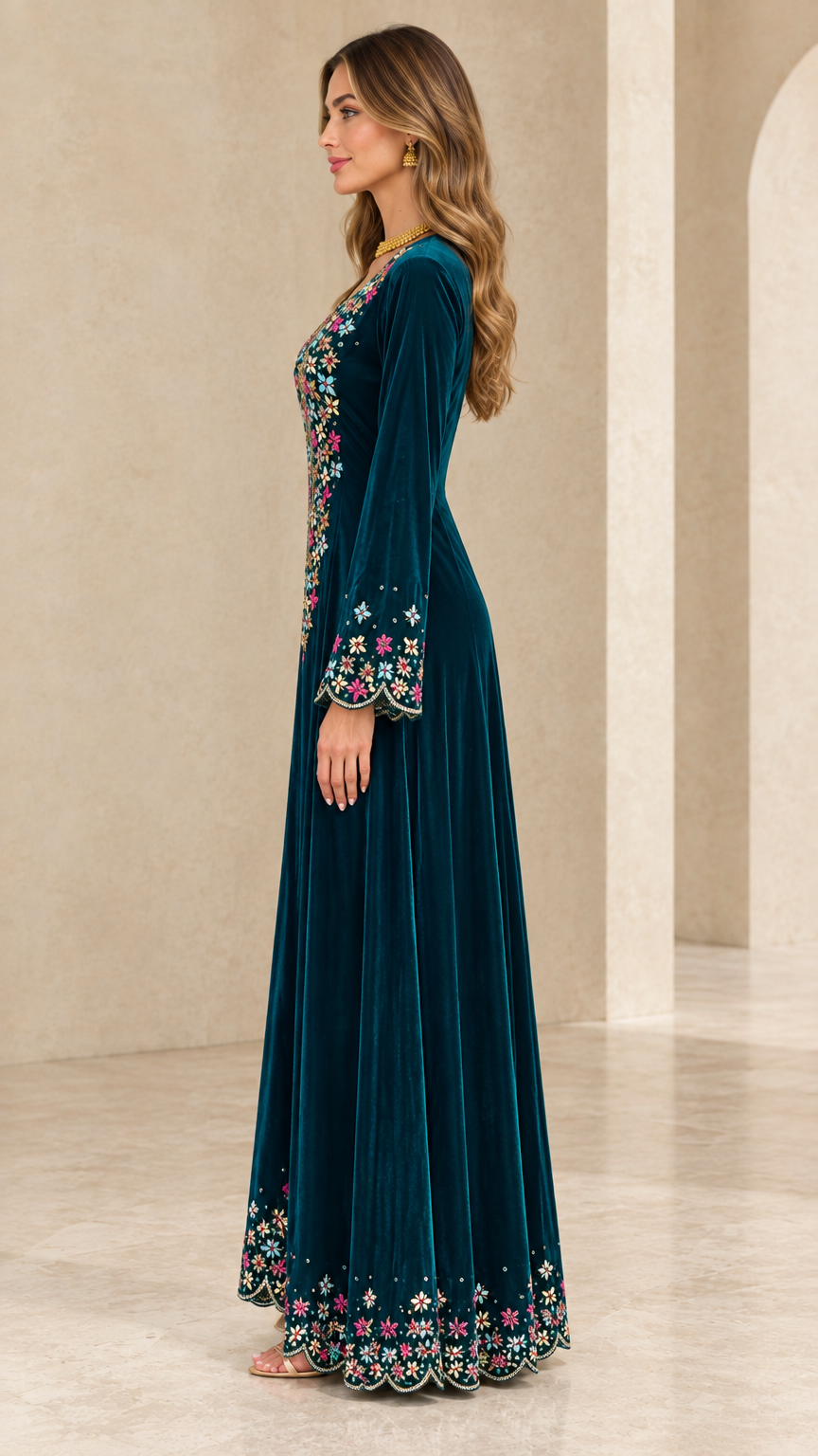 Side profile view of teal velvet long sleeve embroidered gown