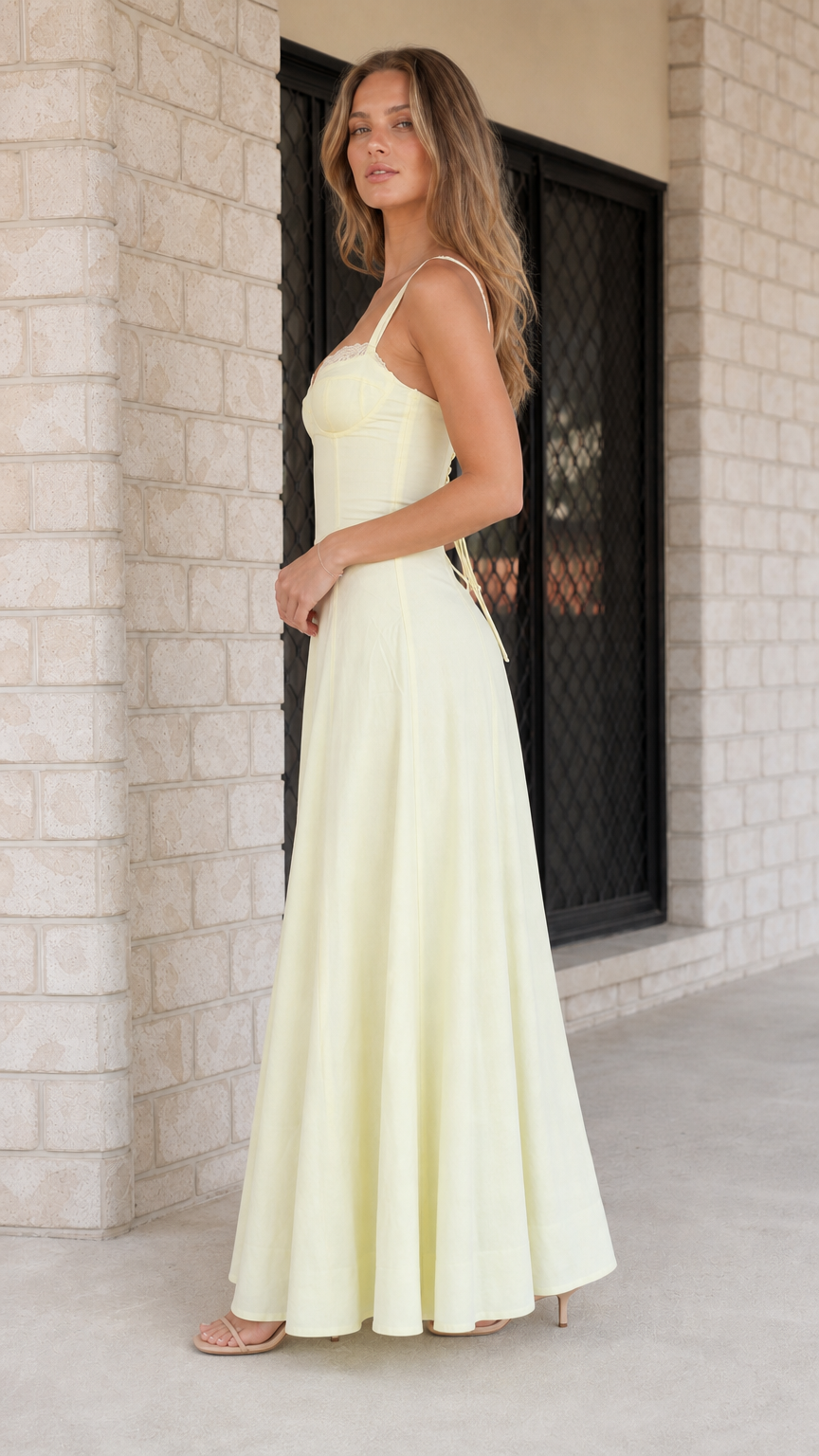 Side profile of woman wearing yellow maxi dress