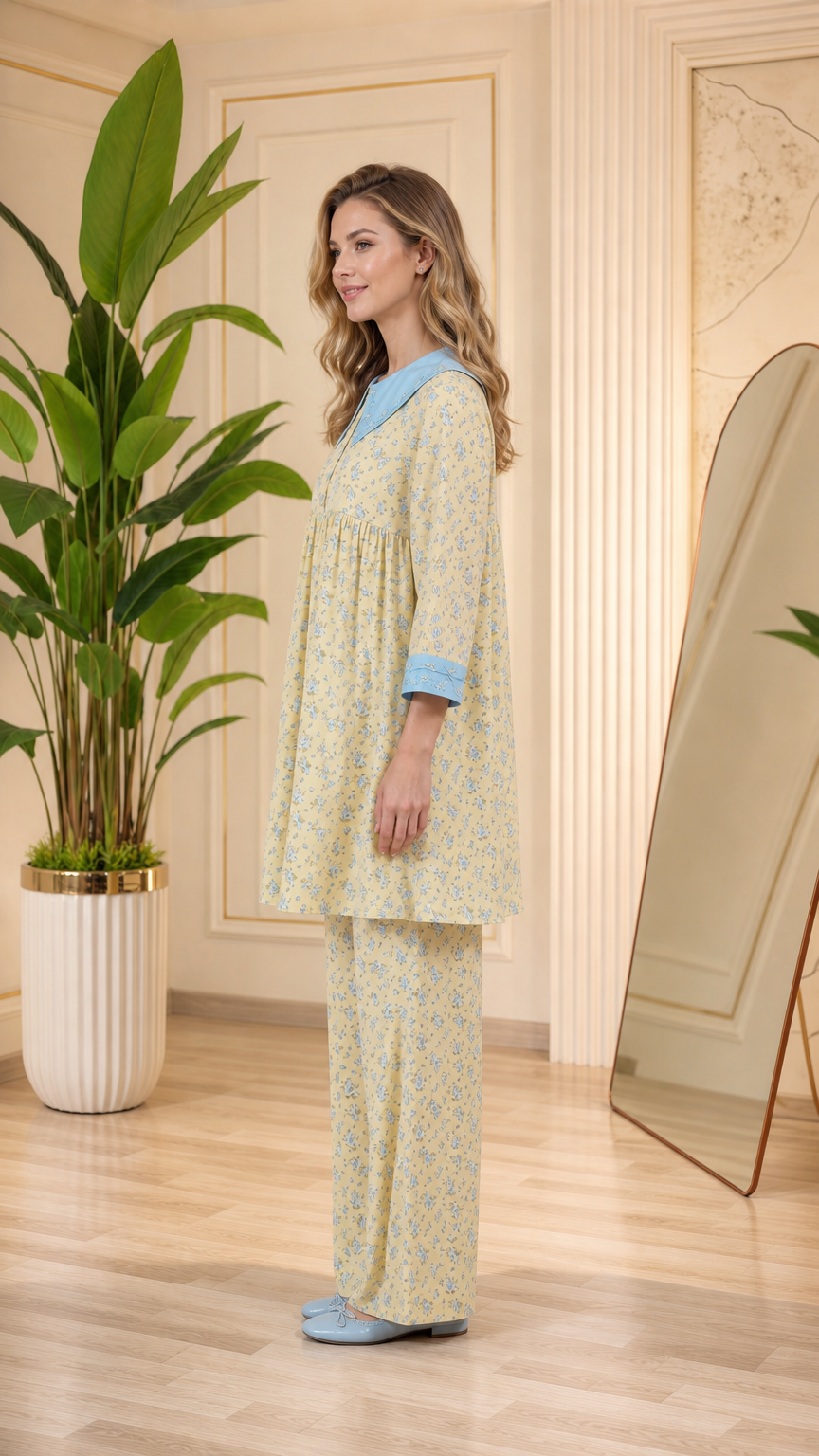 Side view of model in pastel yellow floral tunic pajama set