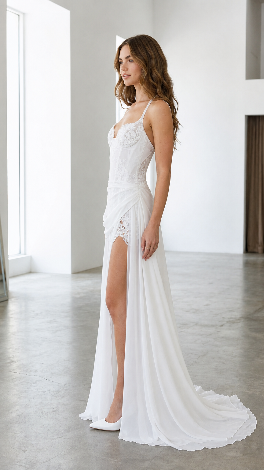 Side angle of white lace bustier maxi gown with draped waist and sweeping hem