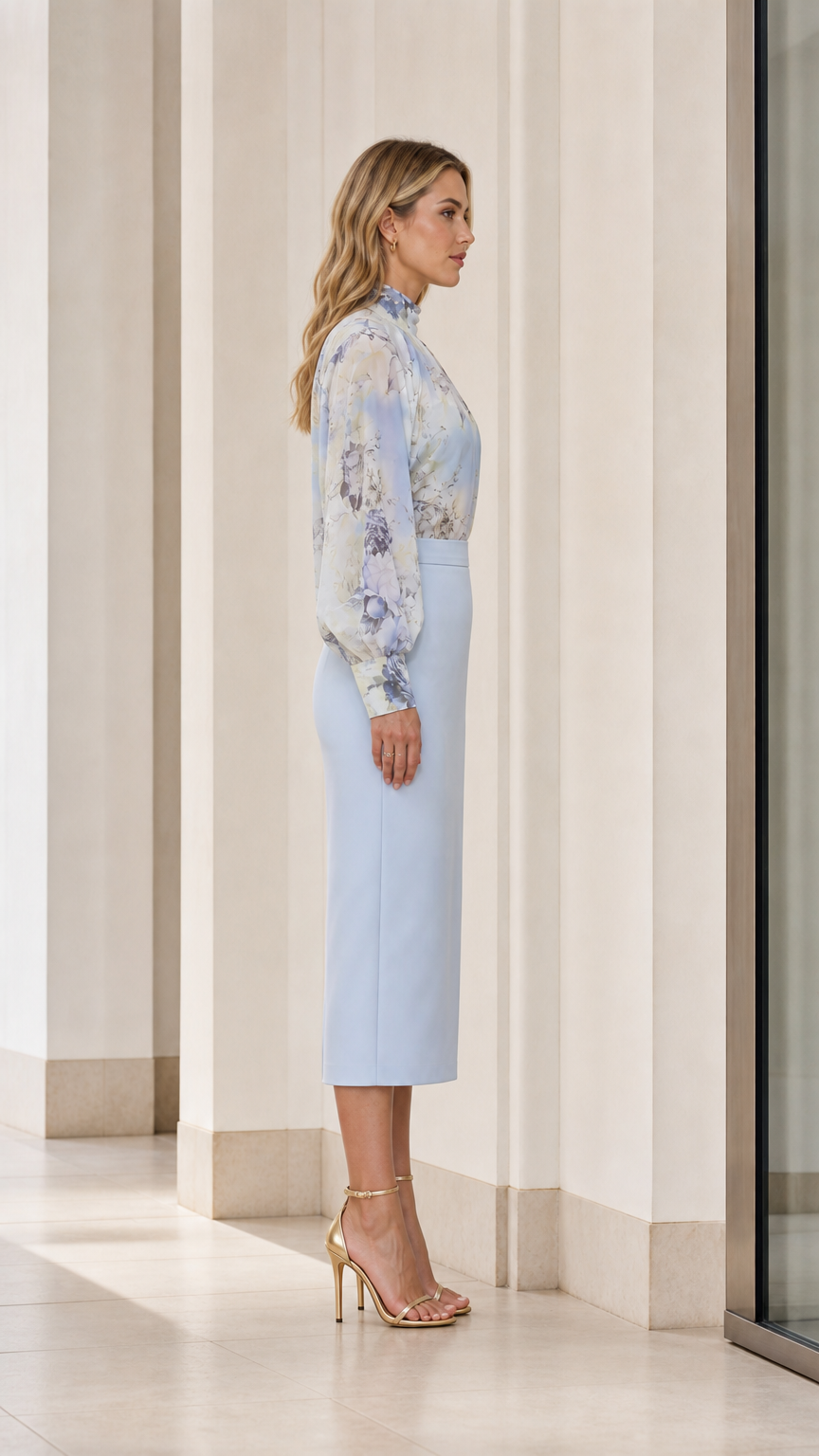 Side profile view of light blue set