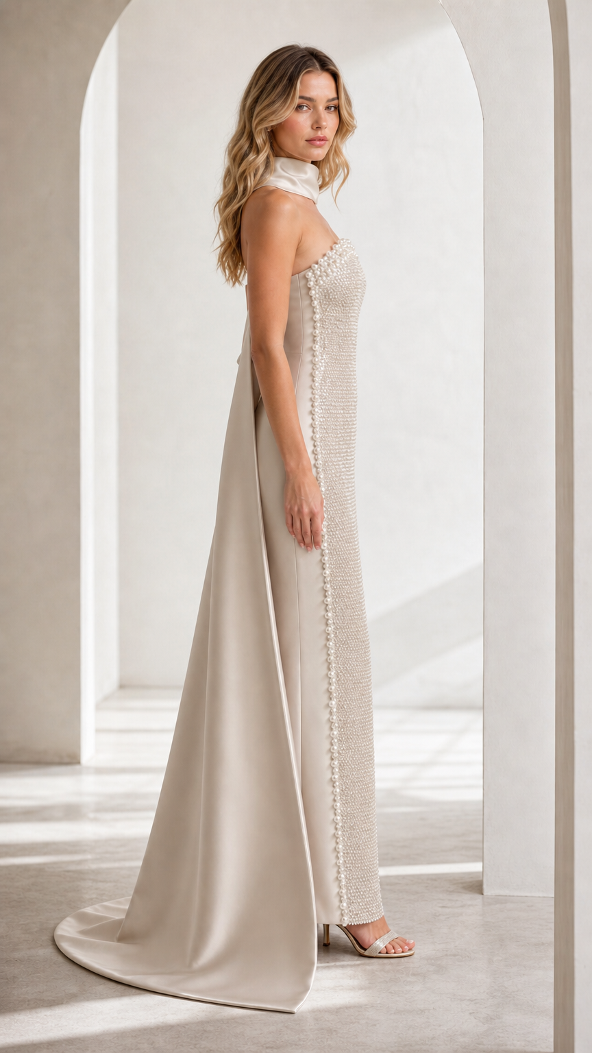 Side profile view of Champagne beaded gown showing overskirt silhouette