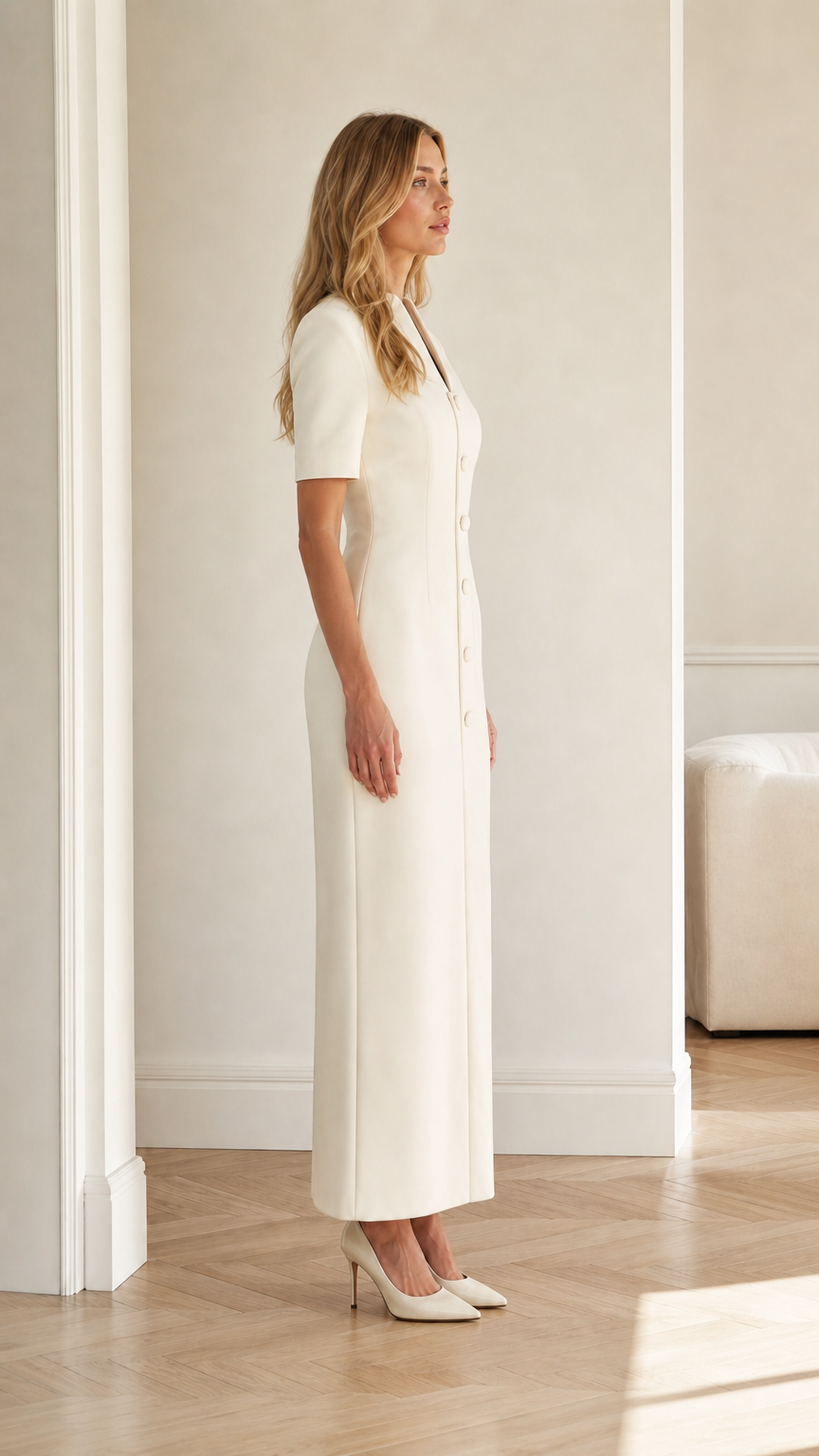 Side profile view of ivory tailored short sleeve maxi dress with button details