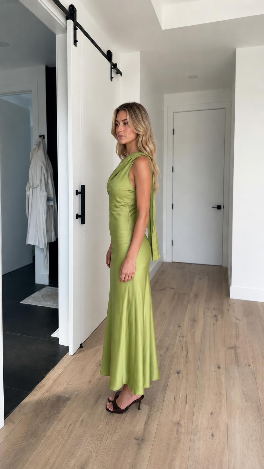 Side view of model in green satin maxi dress