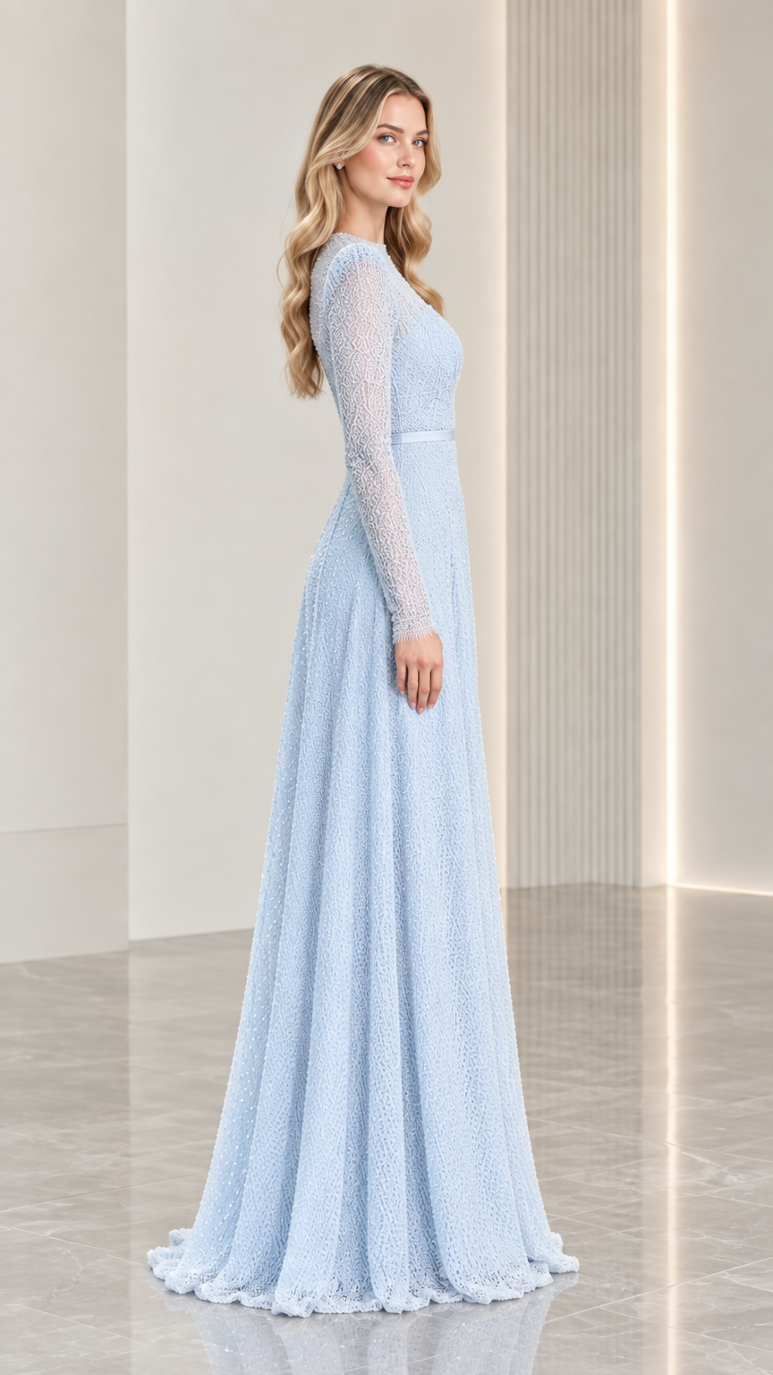 Side profile of light blue textured long sleeve maxi formal dress