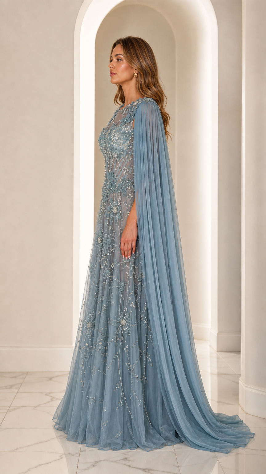 Side view of dusty blue cape sleeve formal maxi dress
