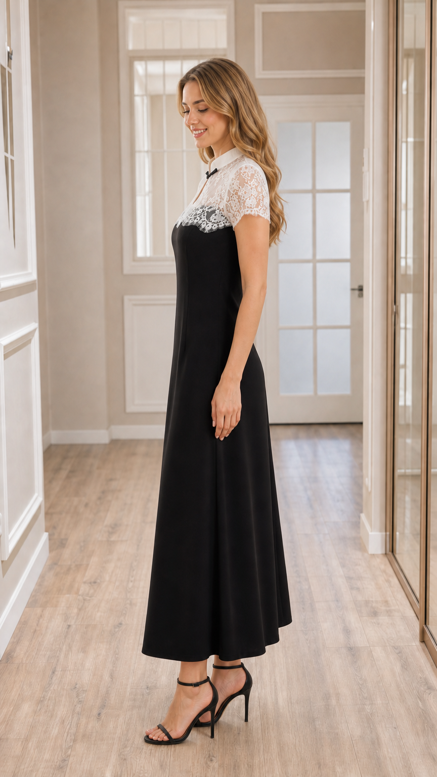 Side profile of model wearing black lace contrast evening maxi dress