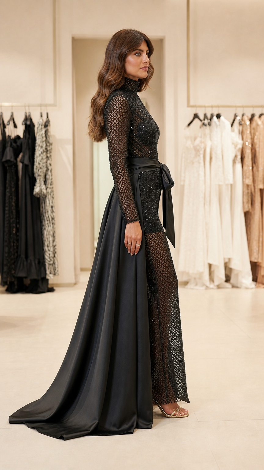 Side profile view of black sequin jumpsuit and flowing satin train