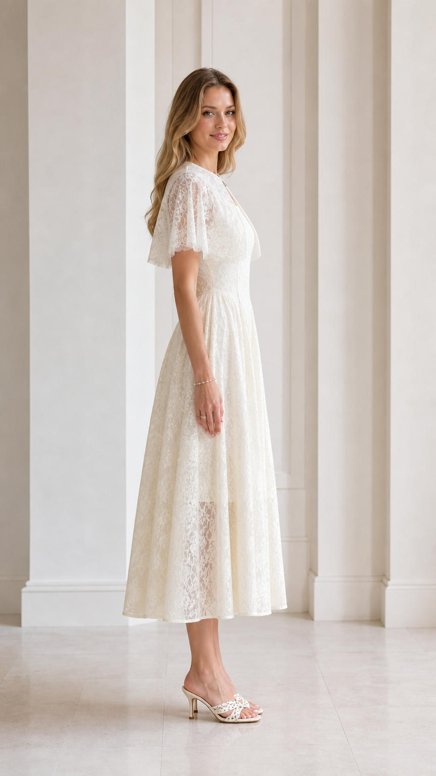Side profile of Ivory Floral Lace Capelet Midi Dress