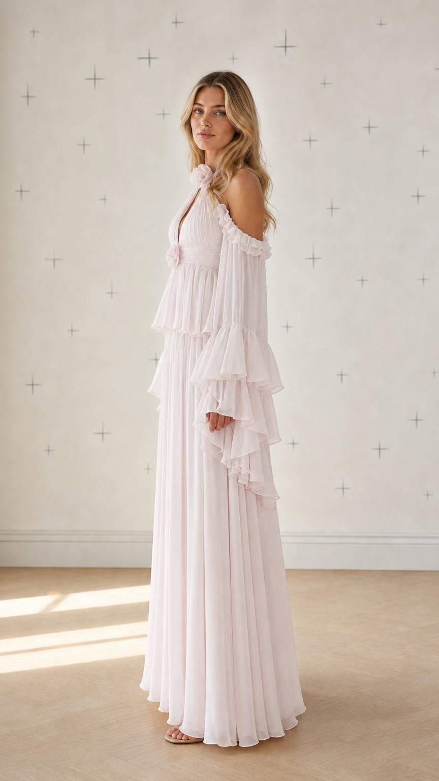 Side profile view of pink pleated maxi dress with ruffle sleeves