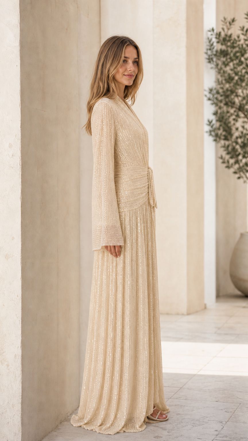 Side profile of woman wearing champagne pleated long sleeve evening gown
