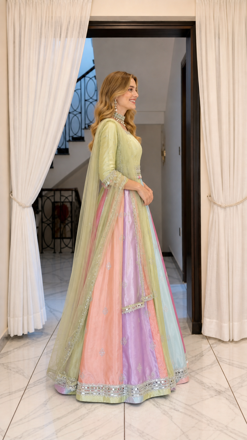 Side angle view of model wearing pastel multicolor flared ethnic maxi gown