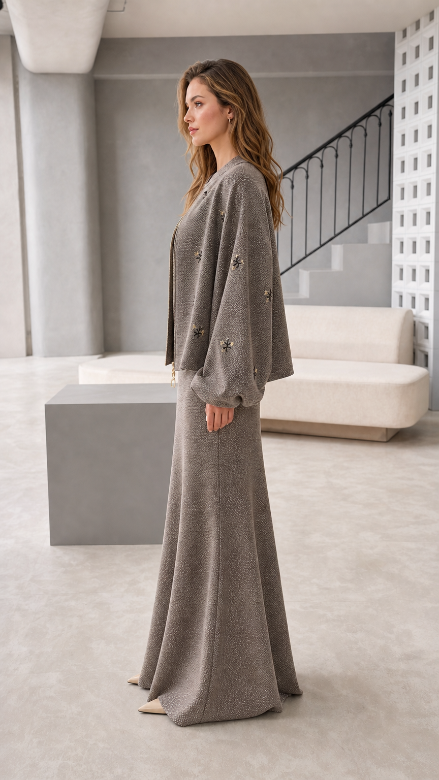 Side view of women's taupe embroidered zip jacket and maxi skirt set