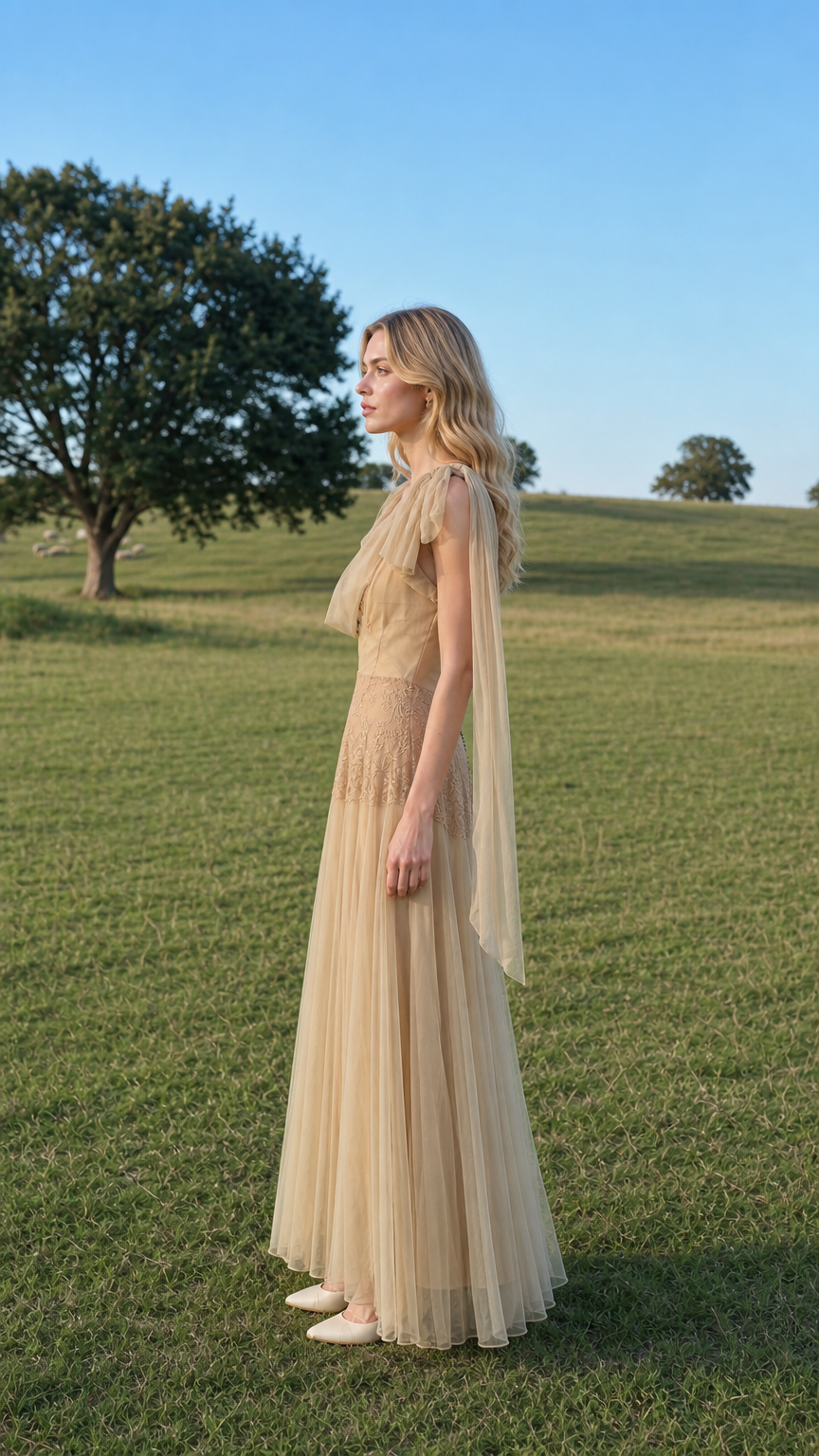 Side profile of model wearing champagne tulle maxi dress