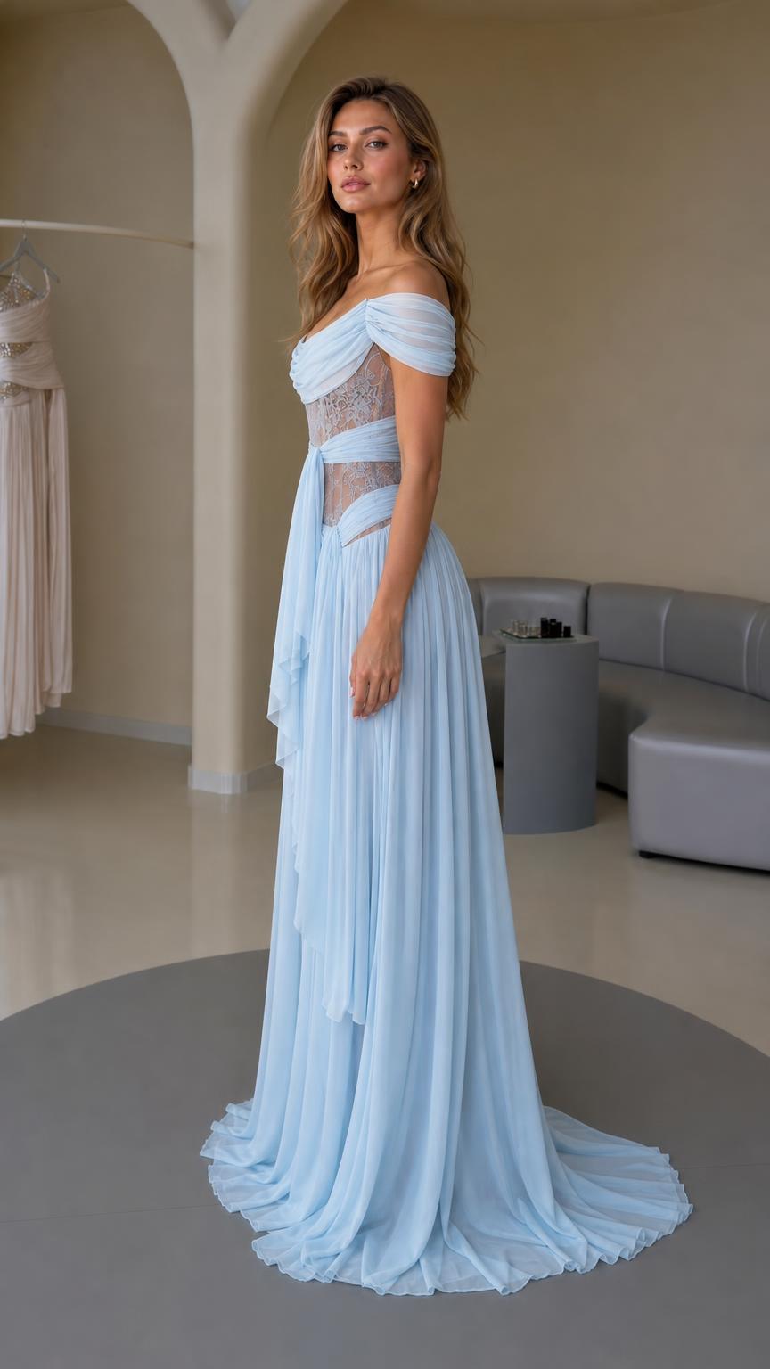 Side profile of light blue evening gown with draped chiffon