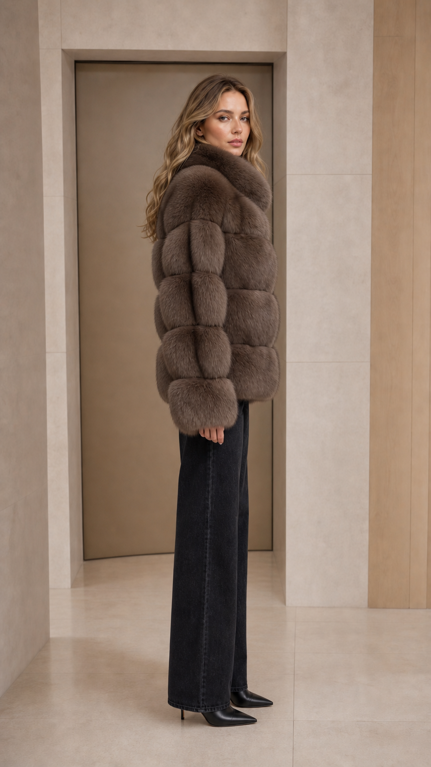 Side angle view of model wearing taupe stand collar faux fur coat