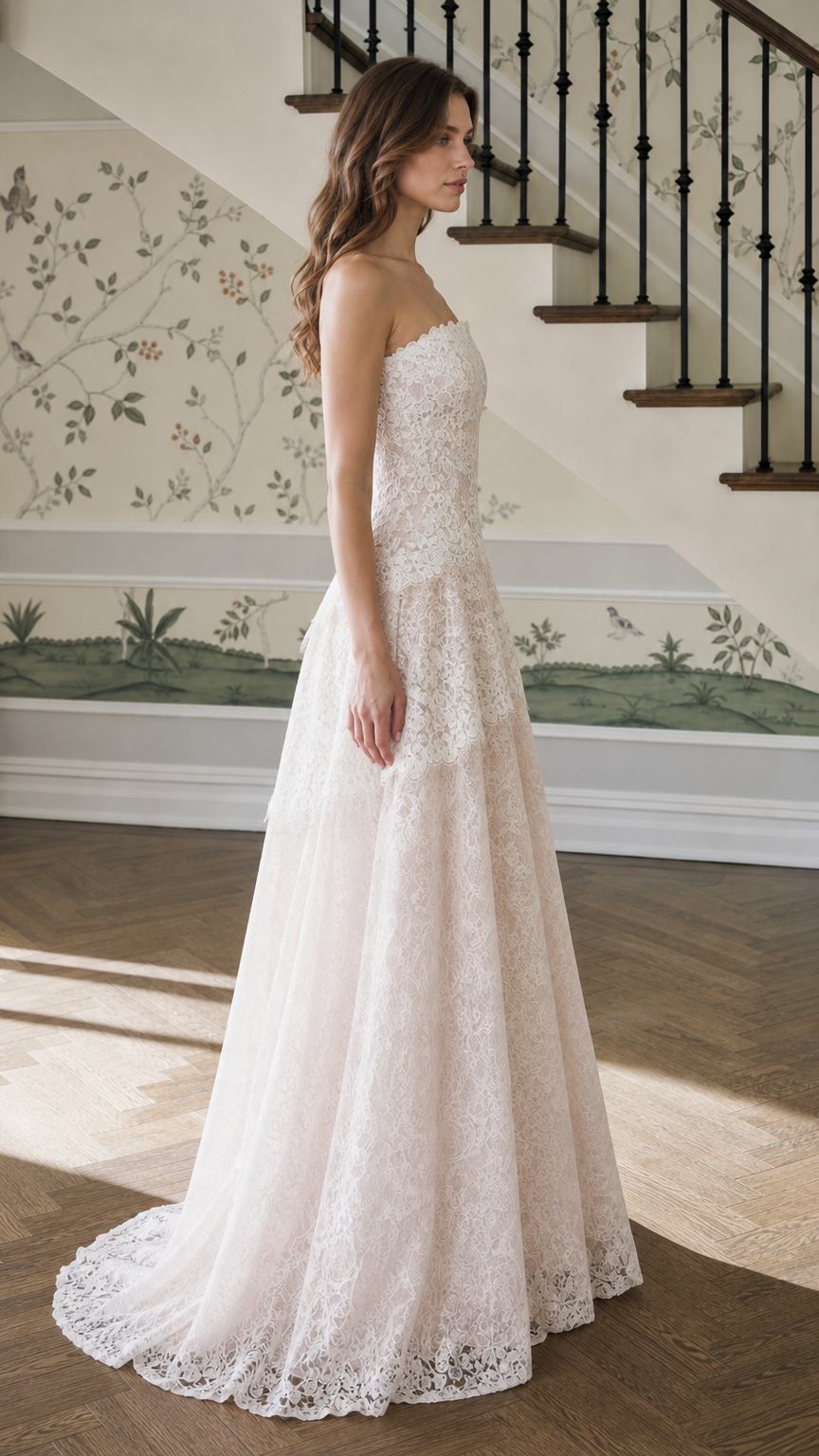 Side profile view of champagne lace evening dress