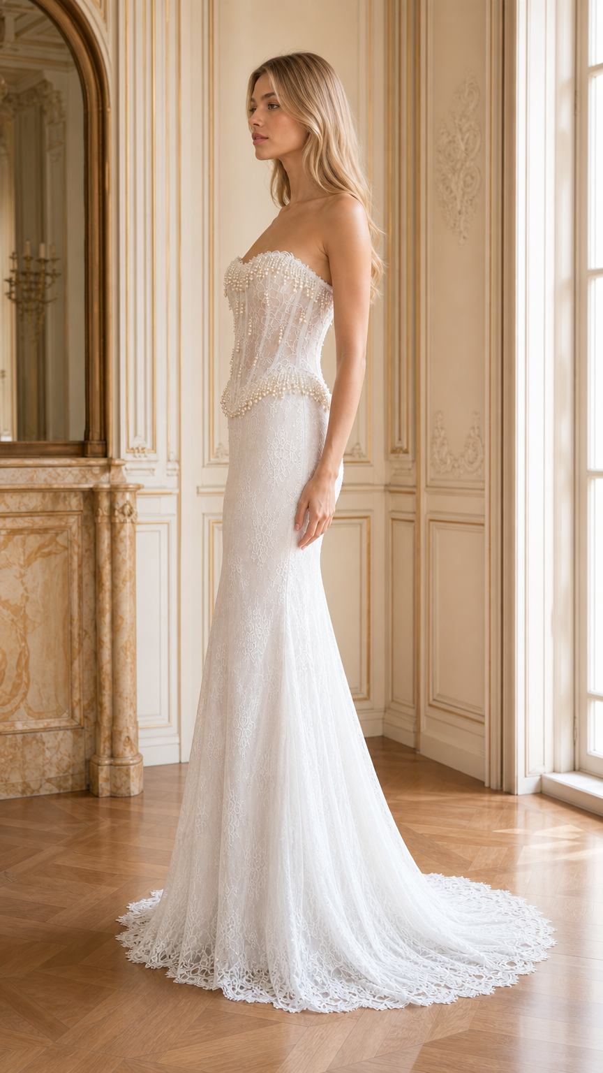Side profile view of white lace mermaid evening gown with sweep train
