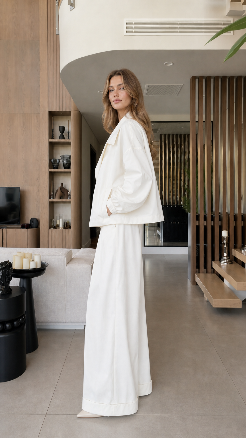Side view showing the relaxed fit and fluid wide-leg silhouette of the white two-piece set