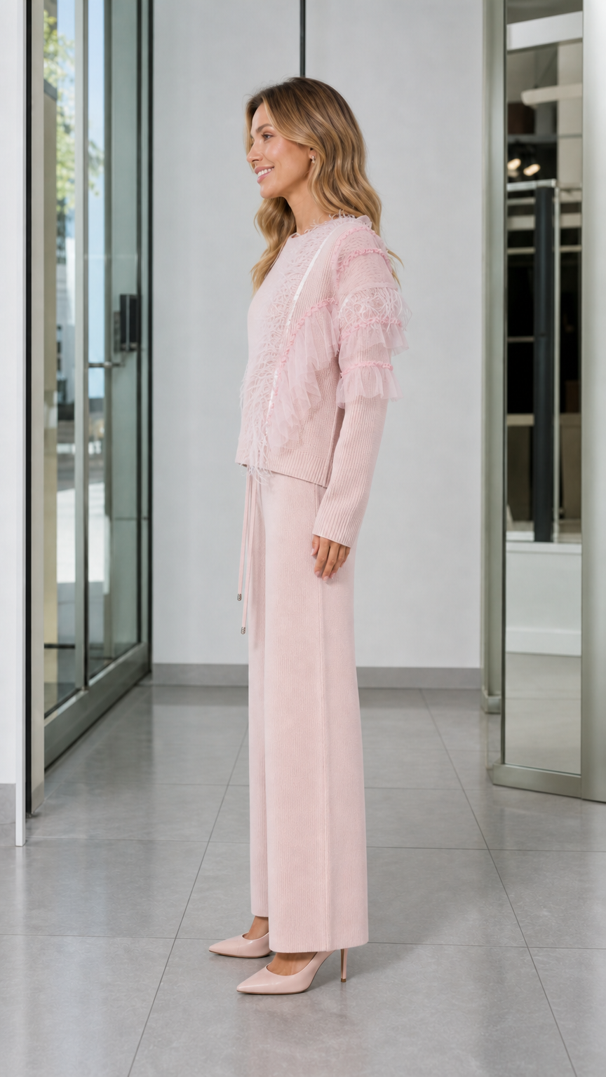Side view of woman in Light Pink two-piece knit sweater and wide-leg trouser set