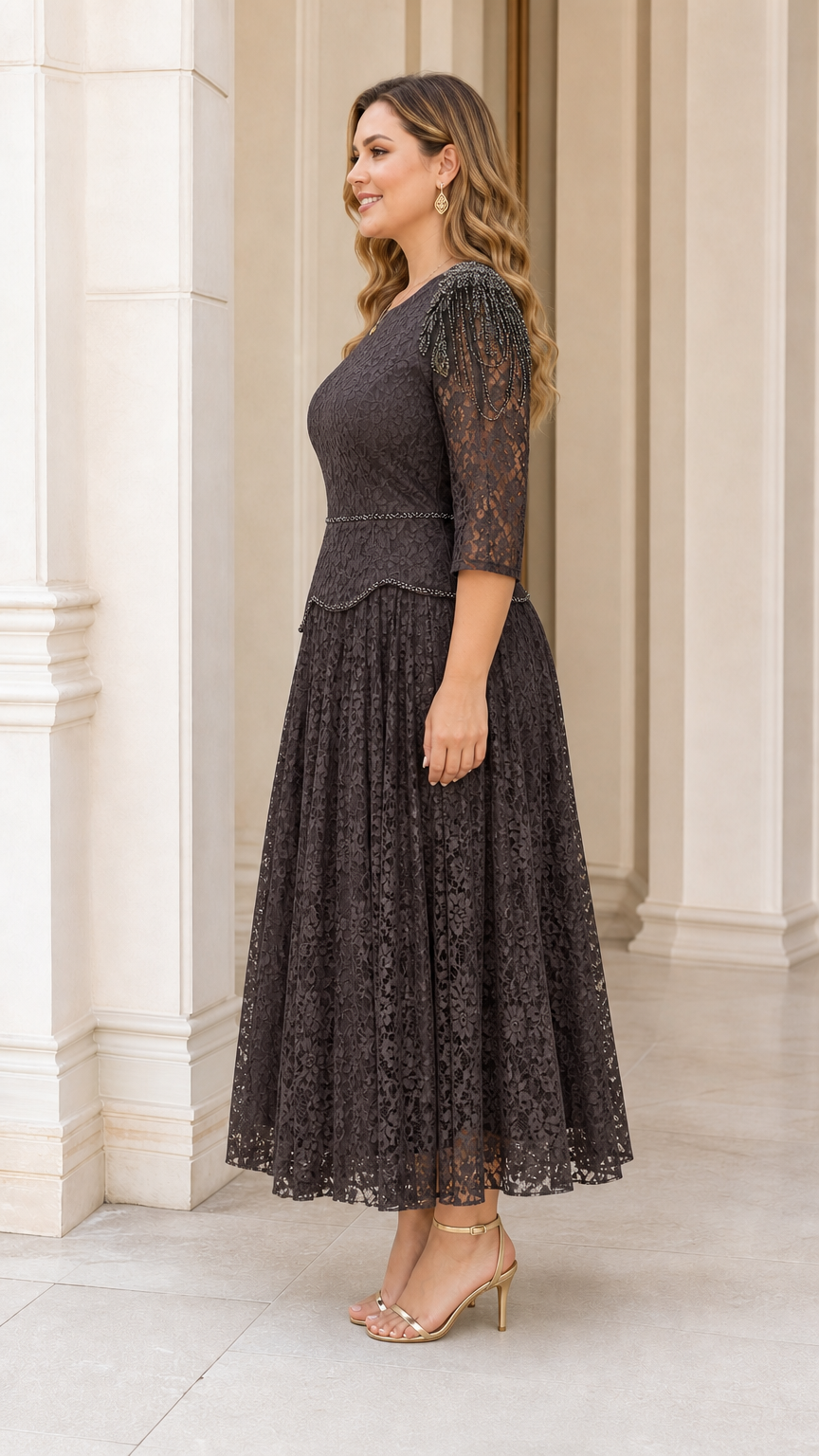 Side profile view of plus size dark charcoal lace dress