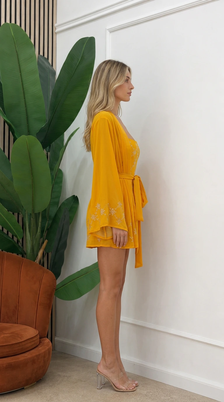 Side profile of model in yellow kimono set with clear heels