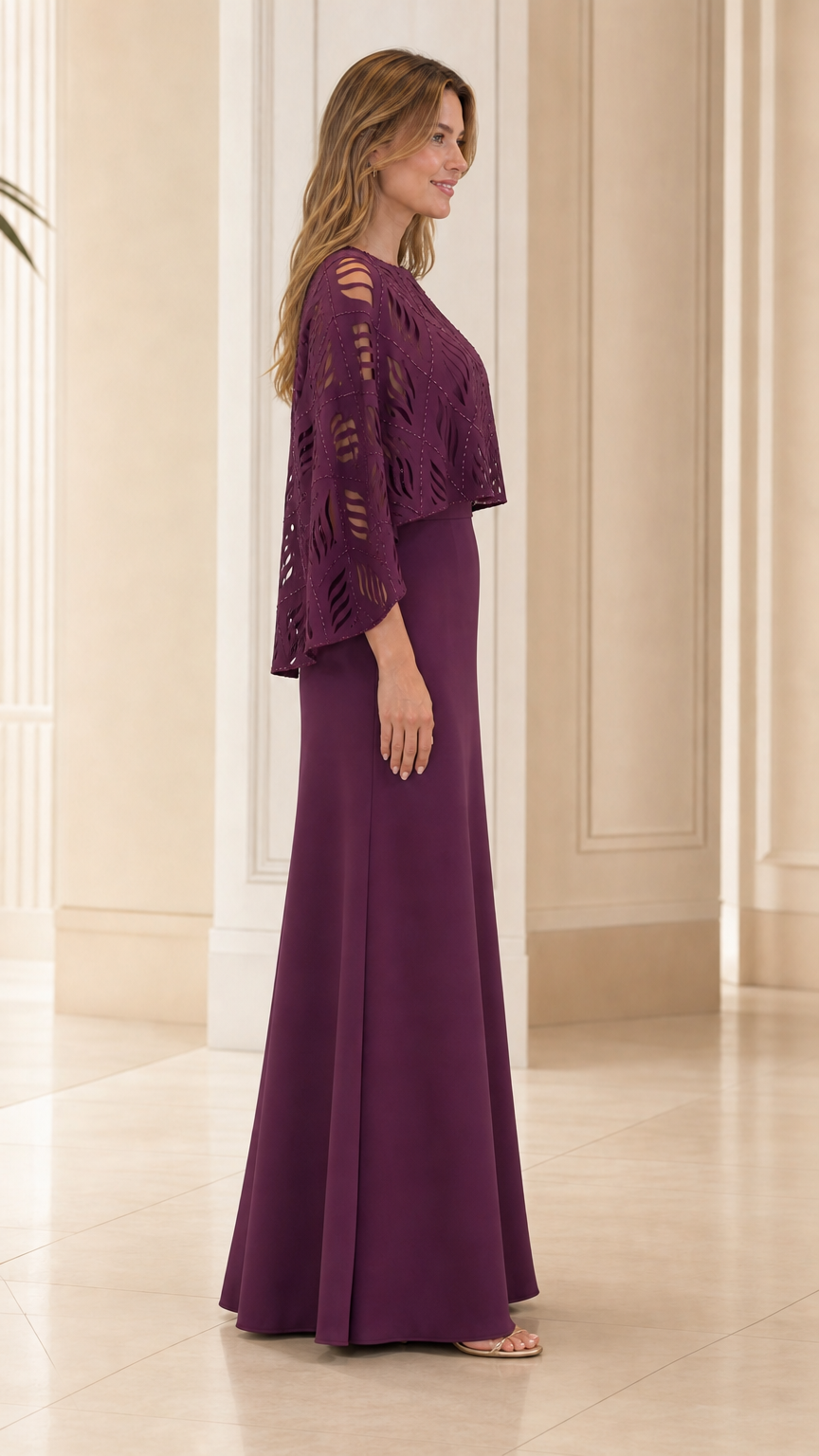 Side profile of the plum evening gown