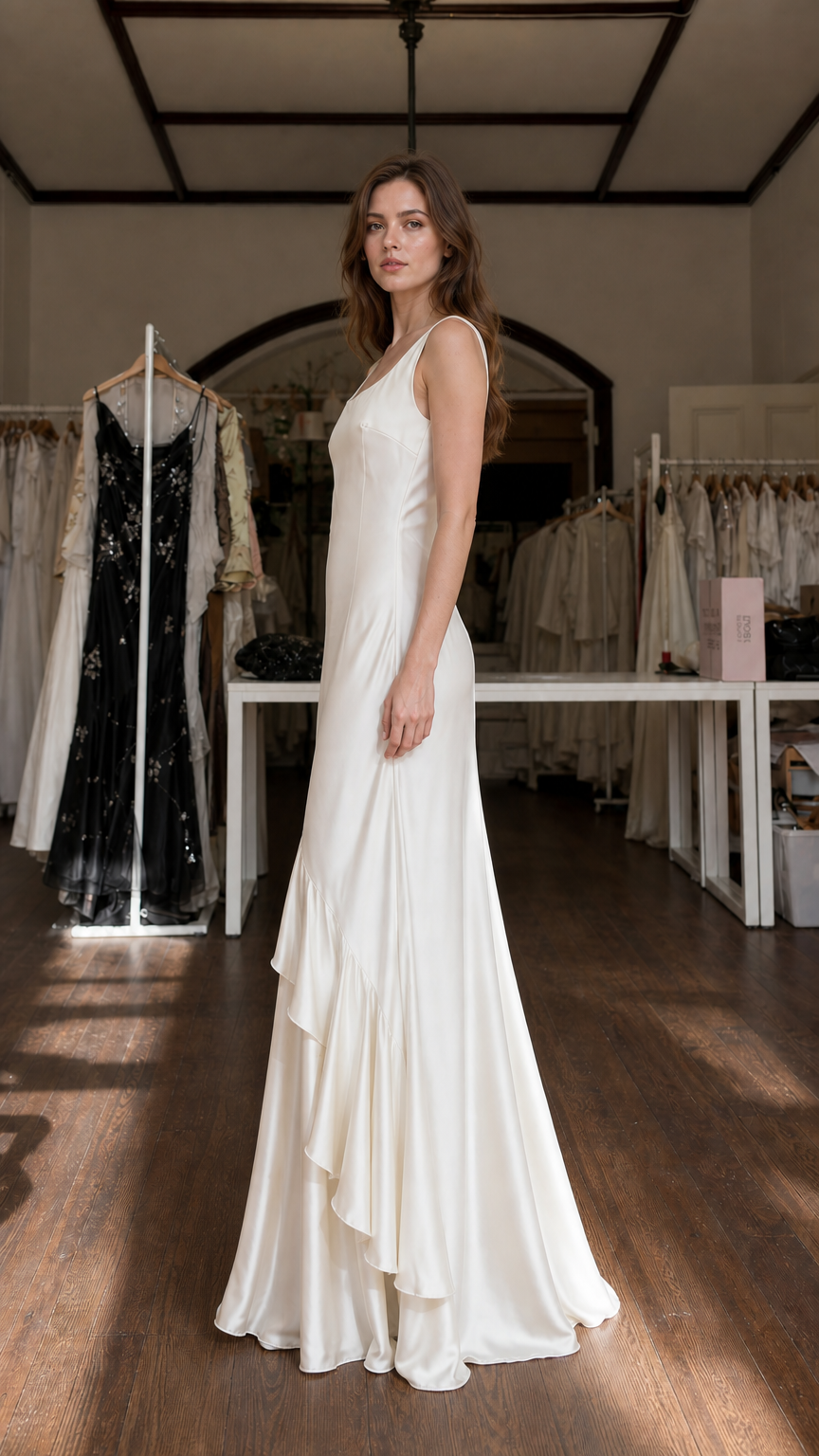 Model showcasing side profile of Ivory satin maxi dress