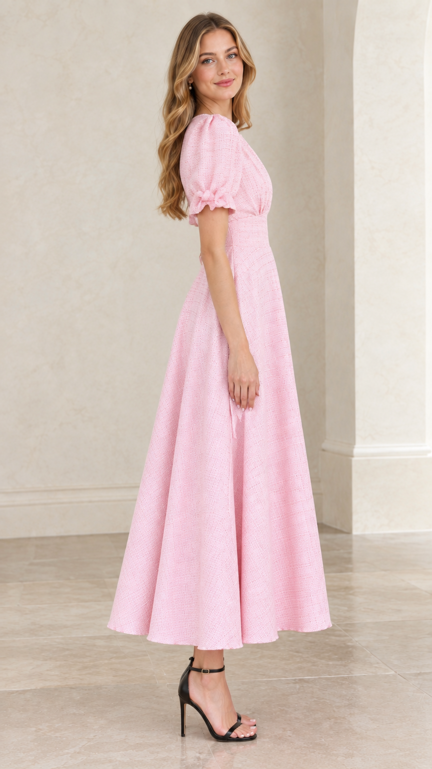 Side angle of model in pastel pink puff sleeve A-line midi dress