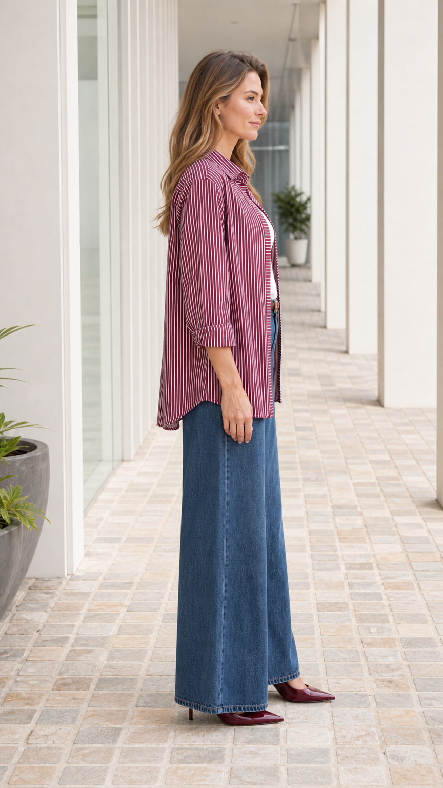 Woman wearing burgundy striped button down shirt, side view