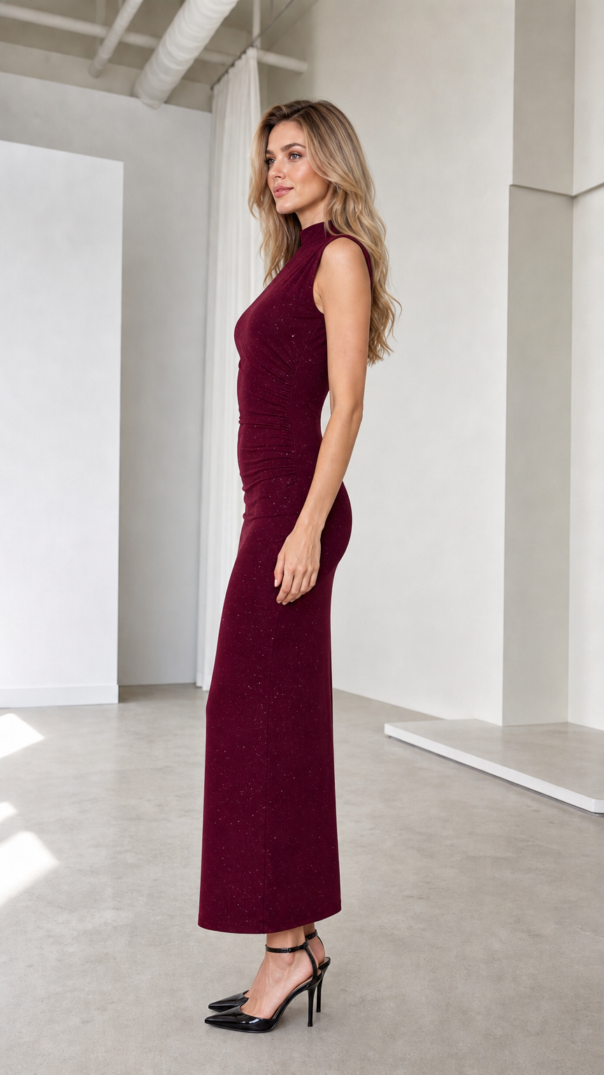 Burgundy sleeveless shimmer column maxi dress side profile view