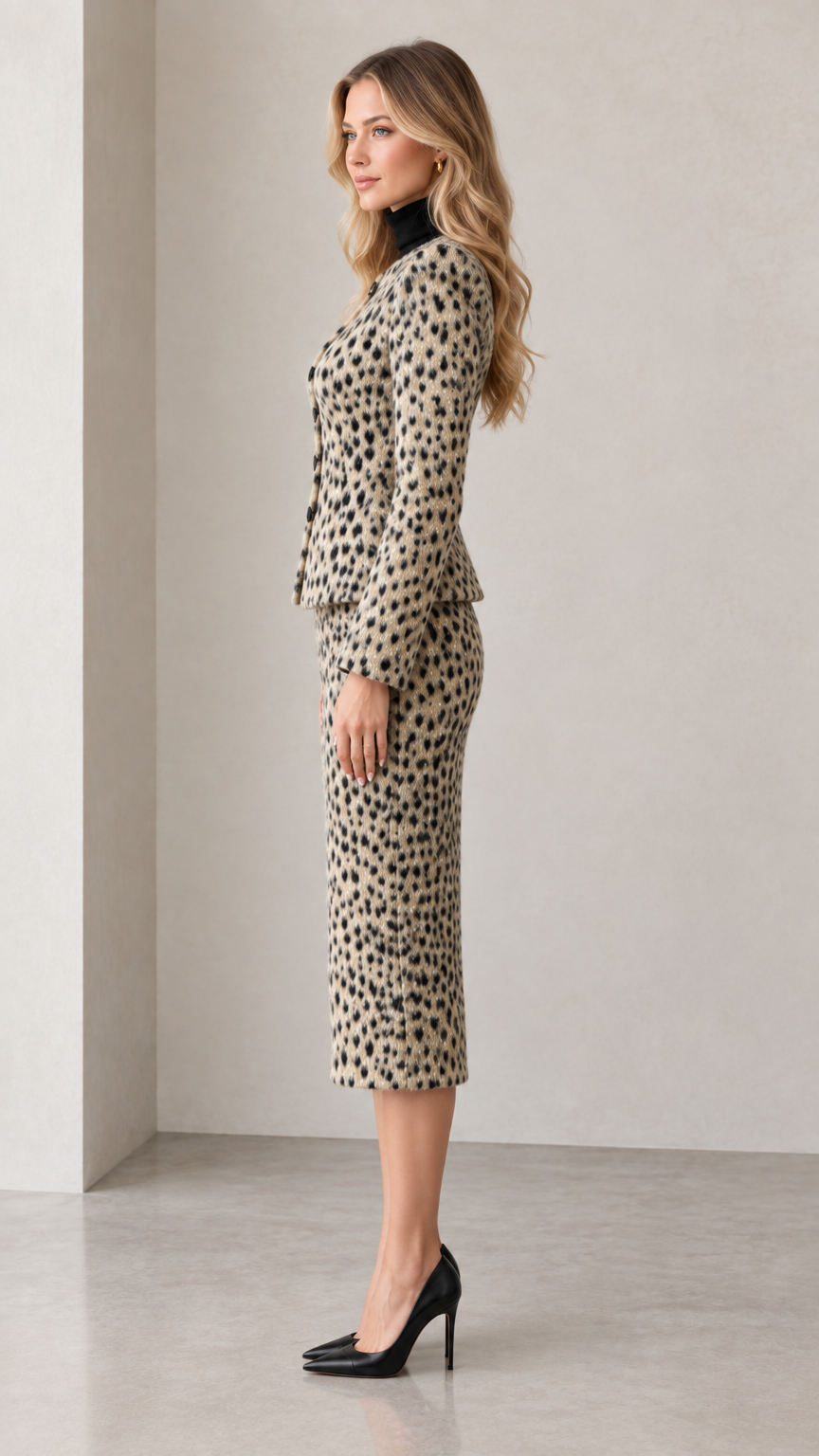 Side profile view of beige peplum jacket and matching midi skirt