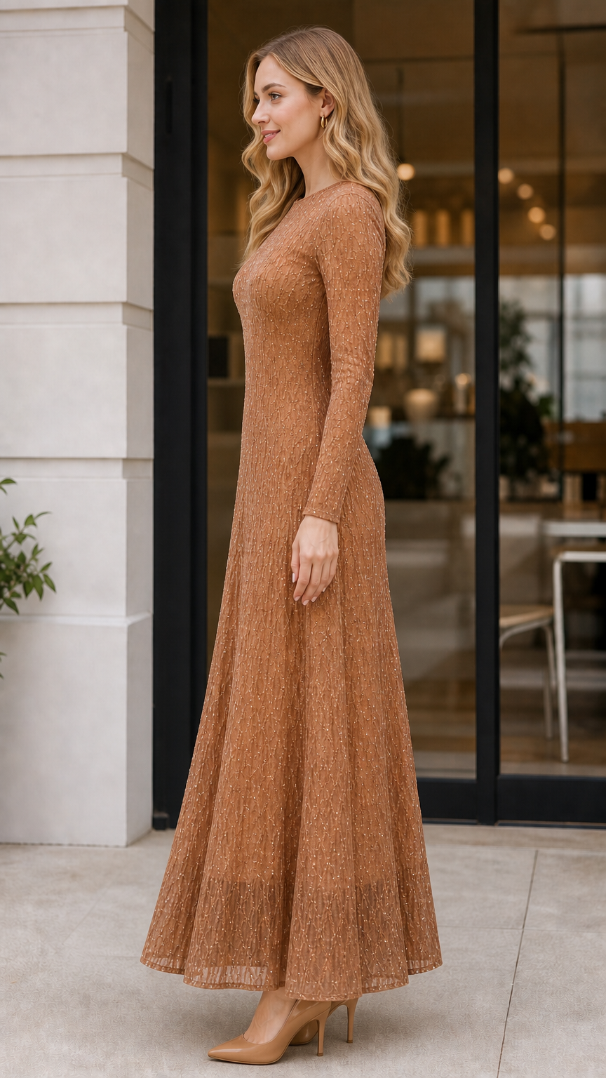Side profile view of Bronze formal evening gown with flared skirt