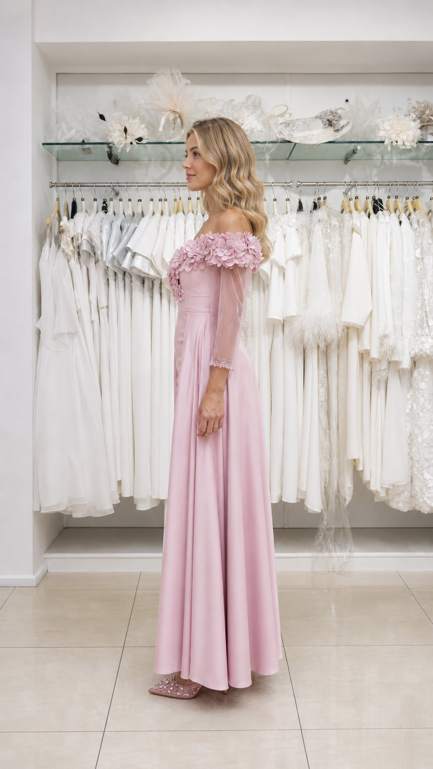 Model wearing pink evening gown, side view