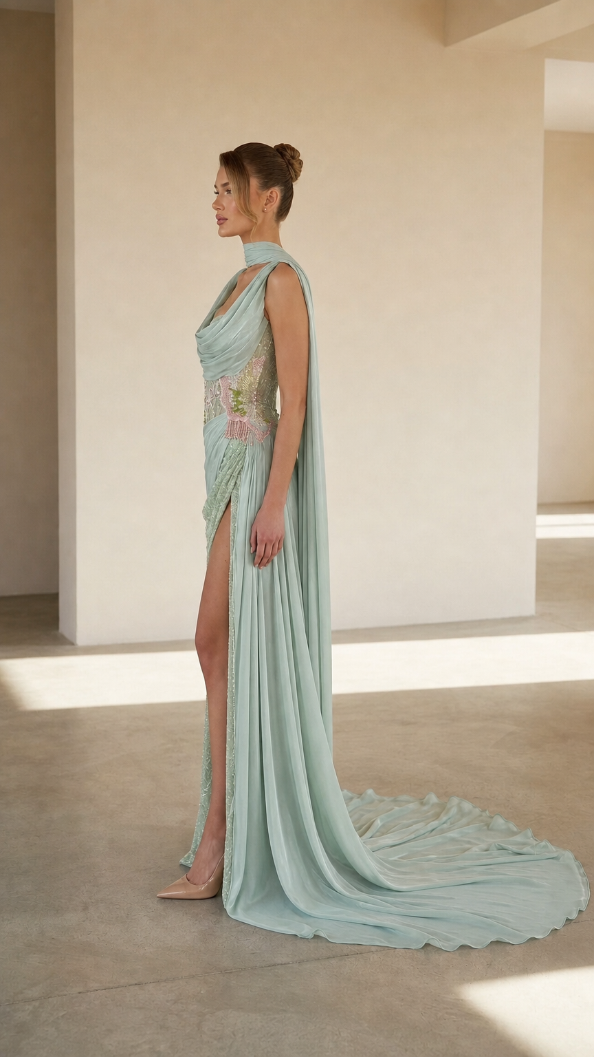 Side profile view of mint green evening gown with shoulder cape