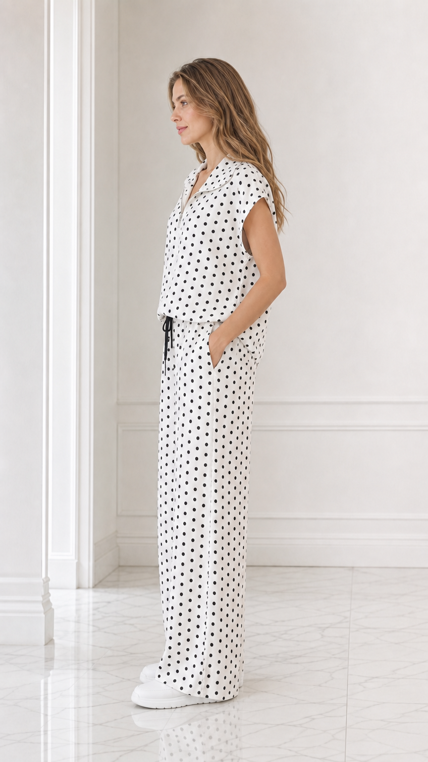 Side profile view of model wearing white polka dot collared top and wide leg pants